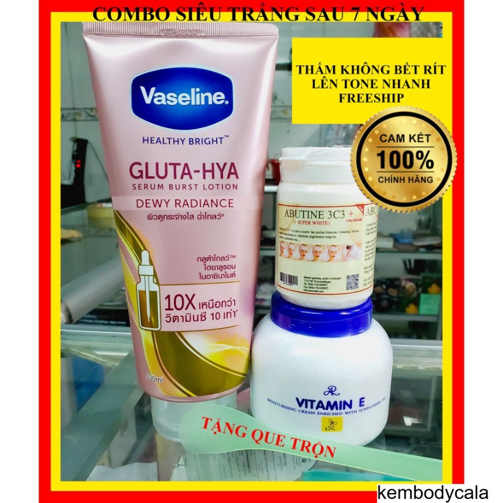 Combo dưỡng trắng da body Vaseline 70x + Vitamin E + Kích trắng 3c3 Abutine 150gr BODY CALA