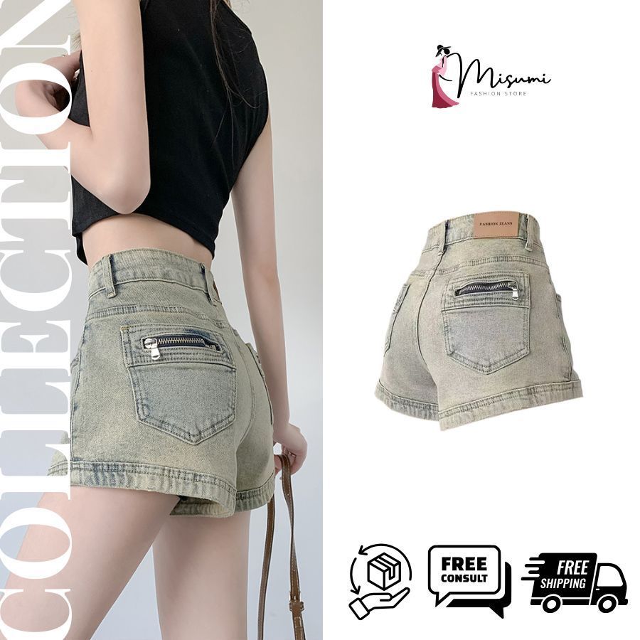 Quần đùi Jean nữ MISUMI, quần mini 2 khóa túi sau, chất denim mềm co giãn tôn V3 hách eo thon QSJ01