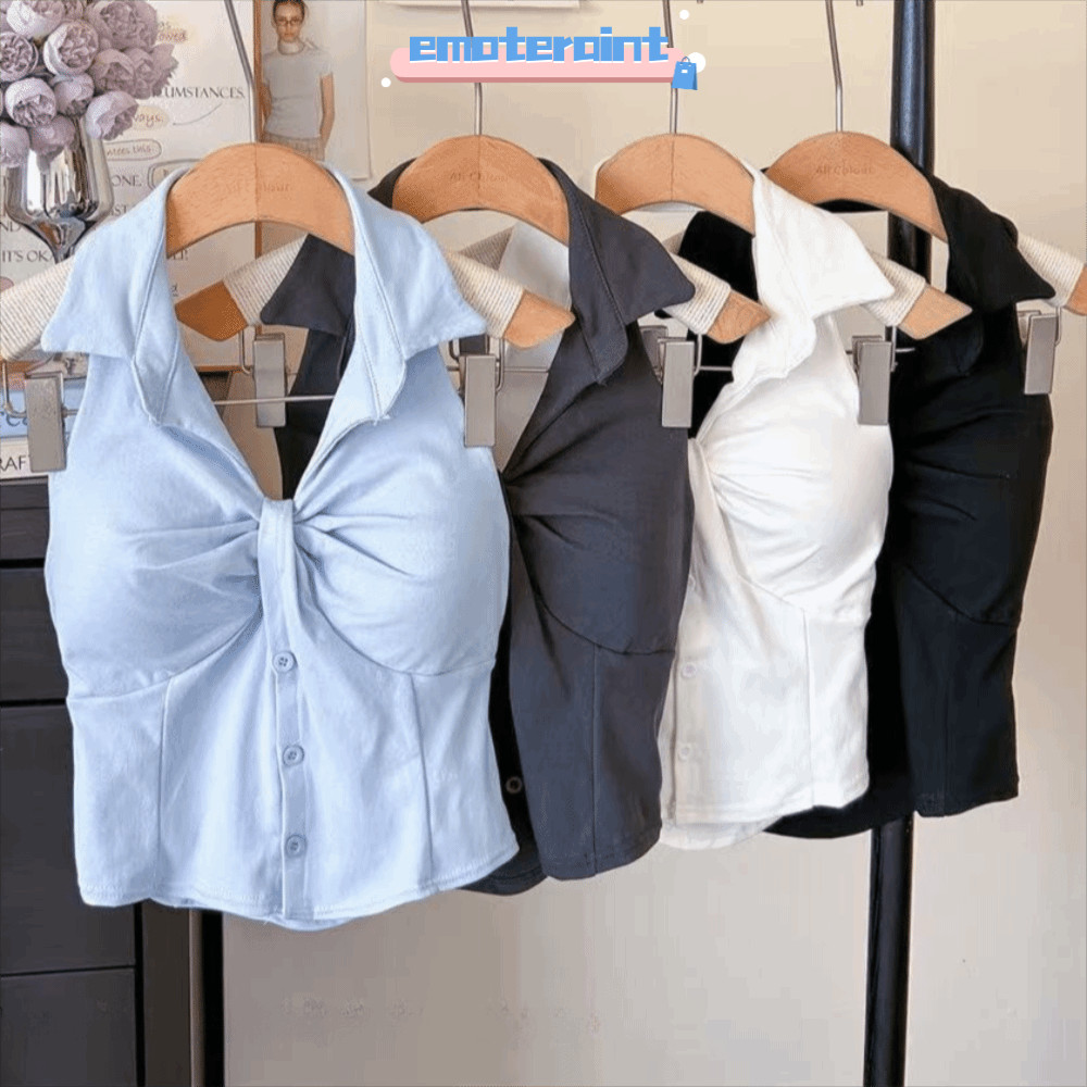 EMOTEPH Twist Neck Tank Top, Cotton Front Twist Collar Áo không tay, Hợp thời trang Casual Không tay