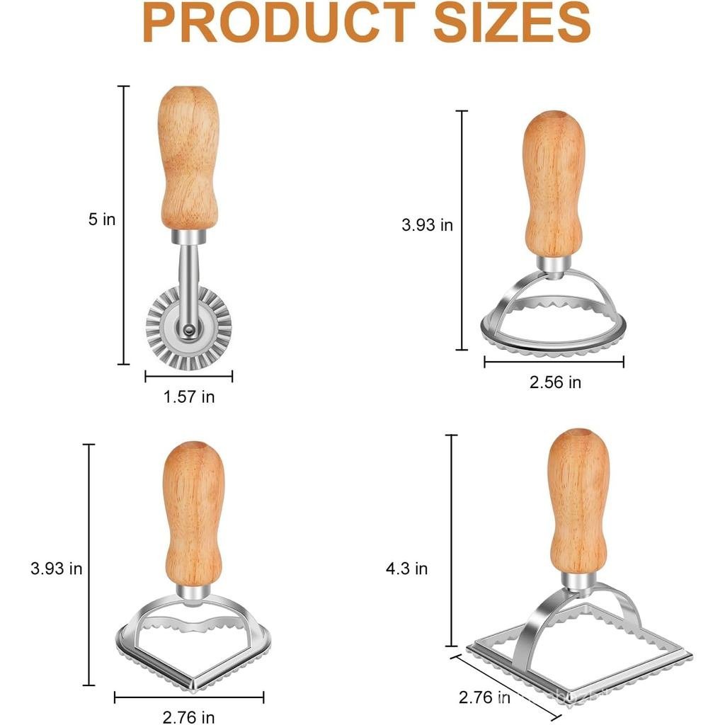 Máy cắt tem TACGEA Ravioli có bánh xe lăn (Bộ 4), Tay cầm bằng gỗ và cạnh rãnh, cho Ravioli, Pasta, 