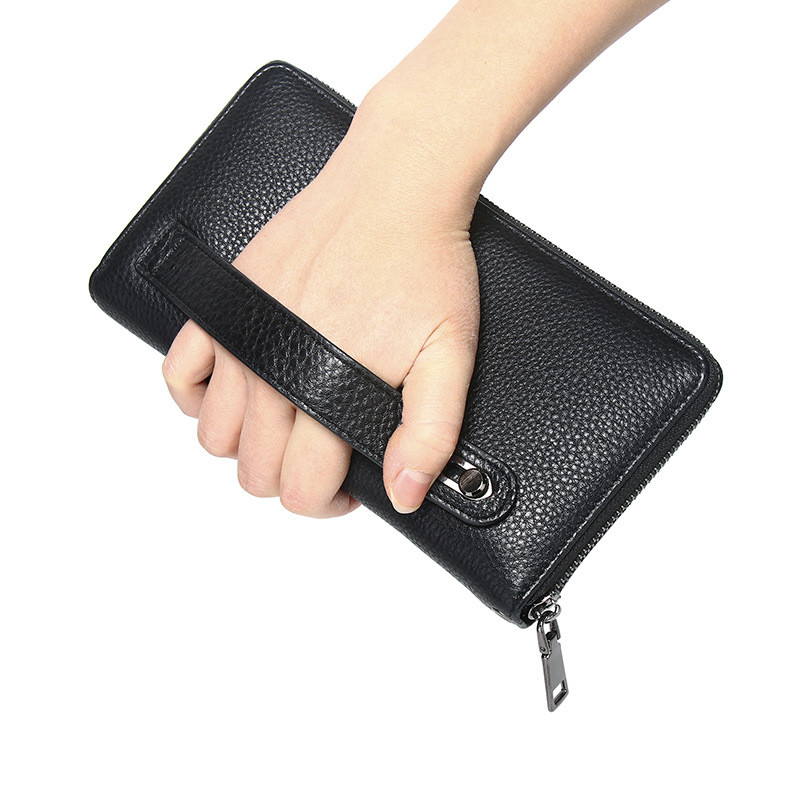 Men's Genuine Leather Clutch Wallet, Long Wallet, Top Layer Cowhide, Large Capacity Zipper Purse