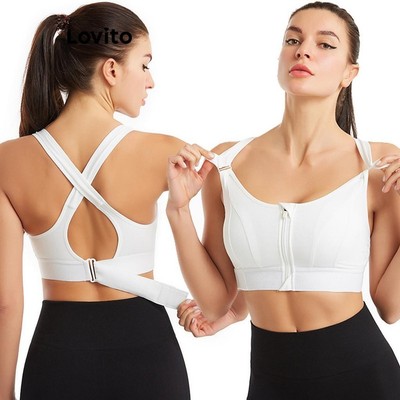 Lovito Phong cách thường ngày Áo ngực thể thao thông thường Dây kéo trơn Criss Cross Áo ngực thể thao dành cho nữ LNE50174