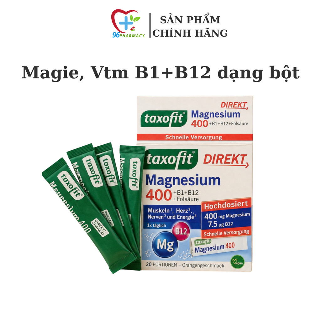 TAXOFIT MAGNESIUM 400 + B1 + B12+ FOLSÄURE, dạng bột dễ uống, hộp 20 gói