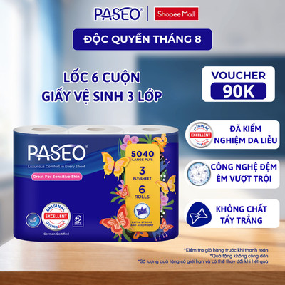 [Lốc 6 Cuộn] Giấy Vệ Sinh Paseo Mềm Mịn Cao Cấp Thấm Hút Tốt Tan Nhanh Không Gây Tắc Nghẽn (3 Lớp)