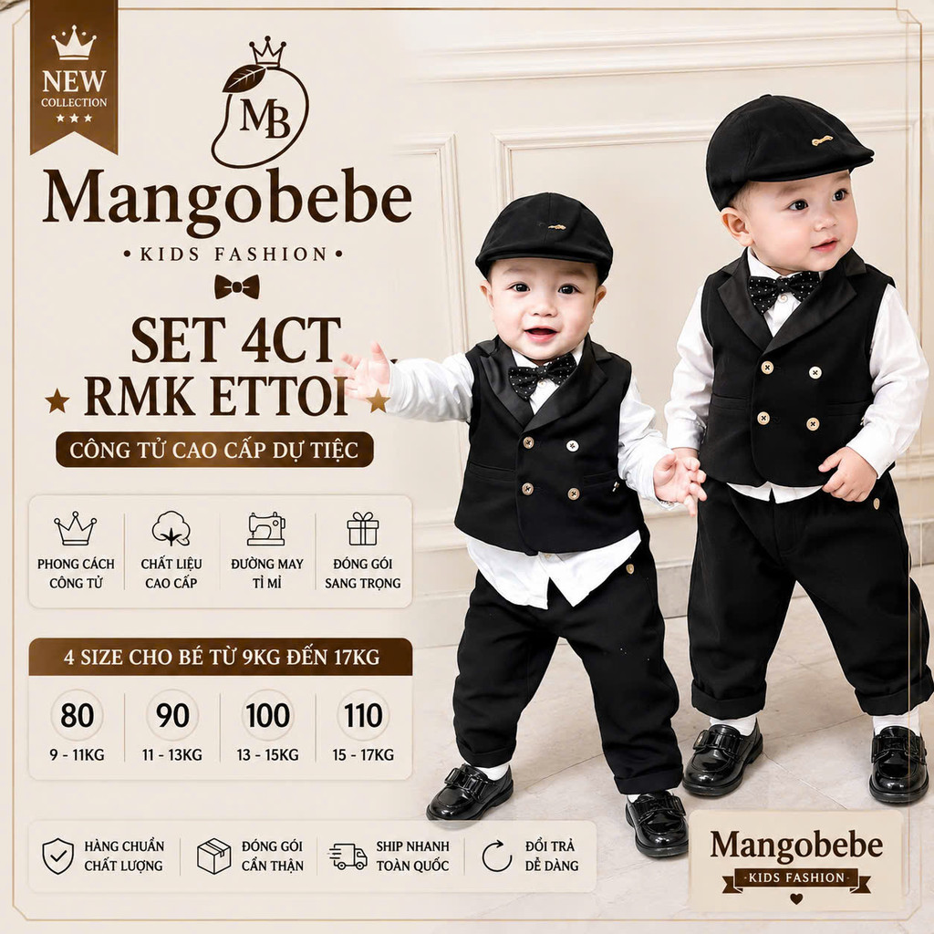 MANGOBEBE- Set rmk ettoi công tử đi tiệc thôi nôi hot hit cho bé trai từ 9KG đến 15KG