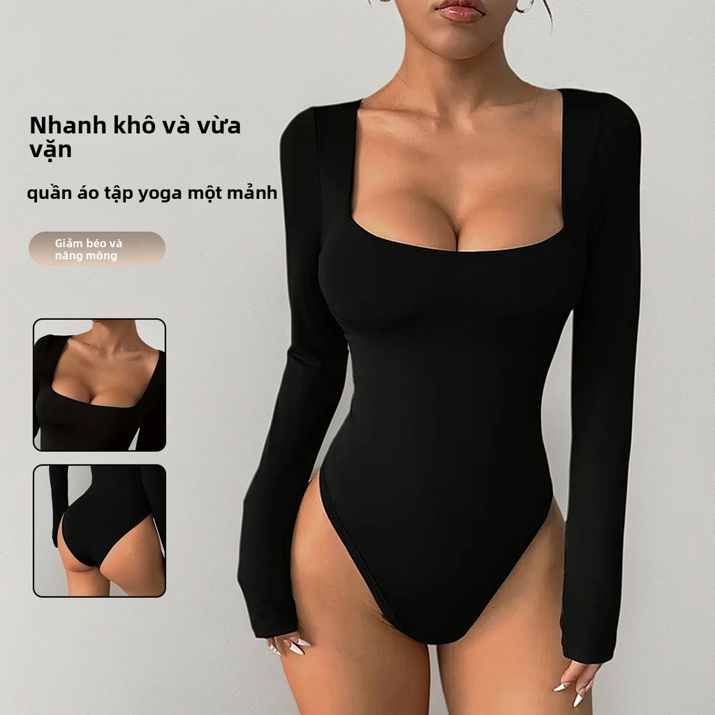 Bodysuit Jumpsuit Yoga Nữ Cổ Vuông Tay Dài Liền Thân Ôm Sát Tập Gym Thể Thao