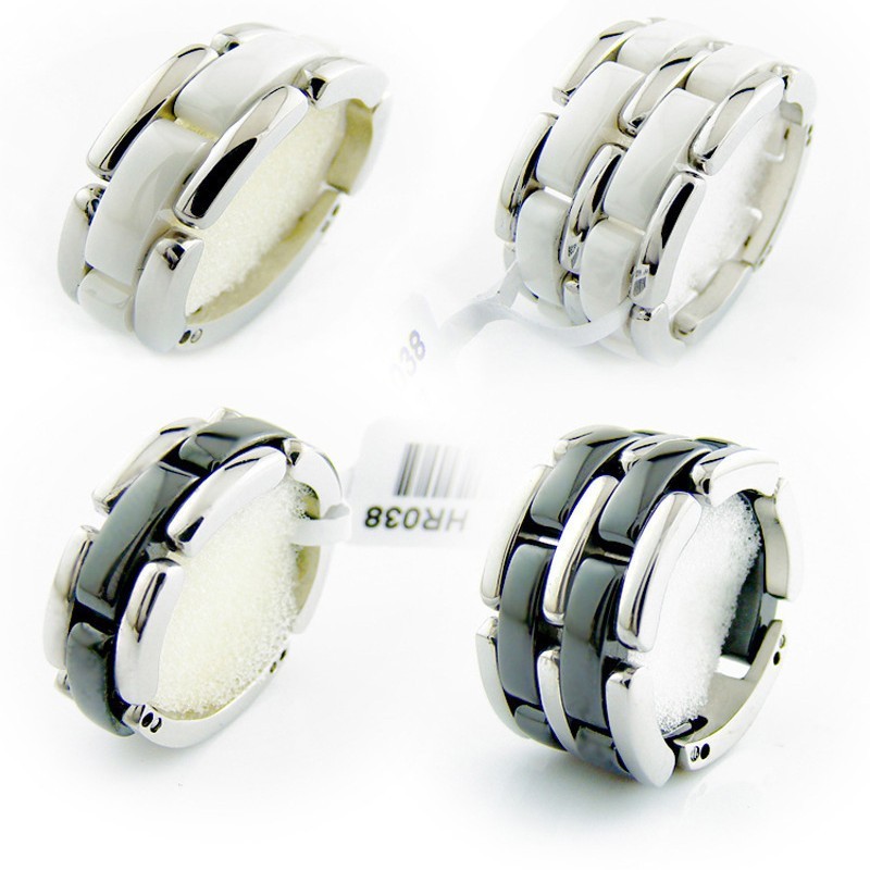 E9CL Black and white double-tailed ceramic ring, double ceramic row ring