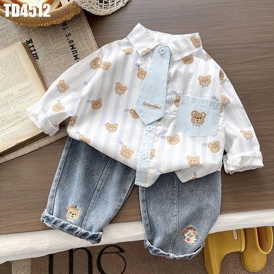 Bộ Sơ Mi Dài Tay Bé Trai Họa Tiết Thú Phối Cà Vạt Kèm Quần Jeans Wash Thêu Hình MINTSCLOSET TD4512