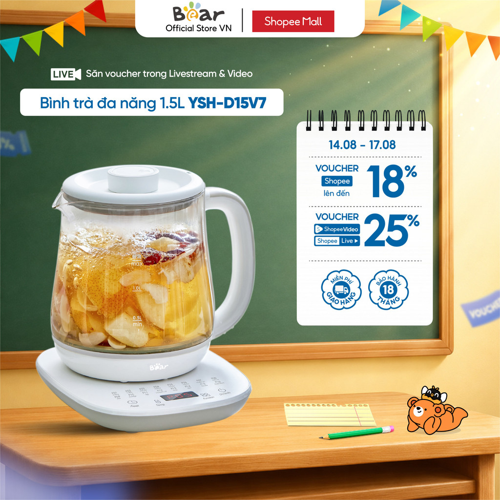 Ấm đun nước đa năng 1.5L Bear YSH-D15V7 - Hàng Chính Hãng