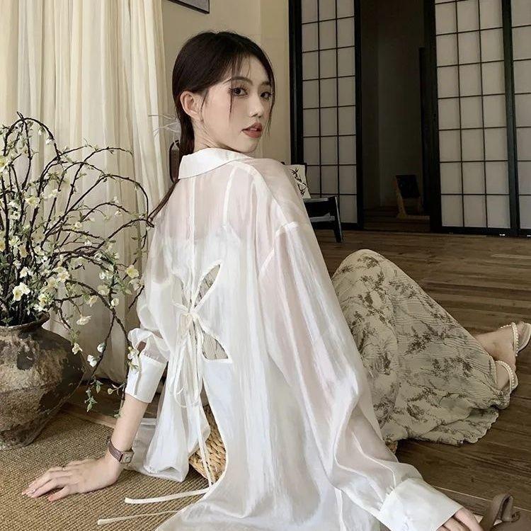 [Hàng mới về] Thiết kế Sense Back Rỗng Ren-Up Áo Sơ Mi Nữ Mùa Hè Mỏng Phong Cách Chống Nắng Áo Khoác Rời Top Nữ