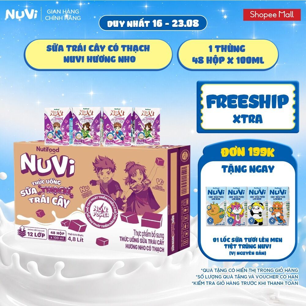 Thùng 48 Hộp Thức Uống Sữa Trái Cây Có Thạch NuVi Hương Nho 100ml
