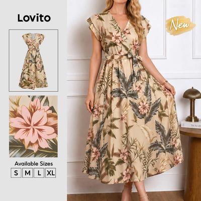(New Arrival) Lovito Đầm nữ mùa xuân/hè có thắt lưng khóa kéo họa tiết thanh lịch DRB38BR174