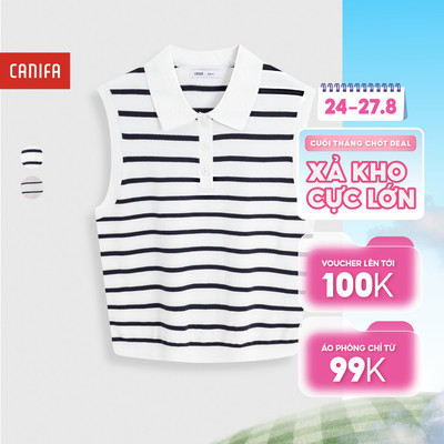 Áo len sát nách cổ bẻ, áo len Mongtoghi cổ polo không tay phối kẻ CANIFA 6TE26S002
