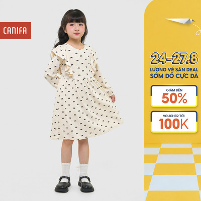 Váy liền bé gái CANIFA dáng babydoll dài tay in họa tiết chấm bi 1DS25W004