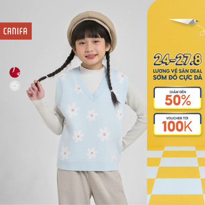 Áo gilet len bé gái CANIFA không tay cổ V in hoạ tiết 1TE25W009