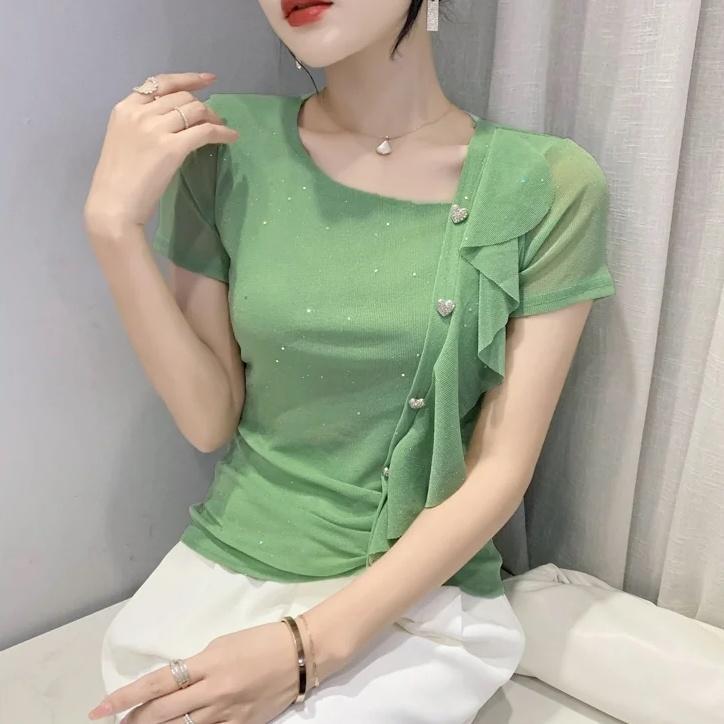 [Hàng mới về] Áo thun ngắn tay có cổ chéo có ngực Xù lưới sáng dáng ôm vừa vặn Thiết kế áo thun ngắn tay mỏng hơn trông mùa hè phù hợp