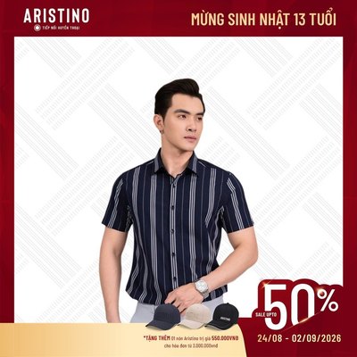 Áo Sơ Mi Tím Than Kẻ Nam Ngắn Tay Aristino Regular Fit ASS069AS3