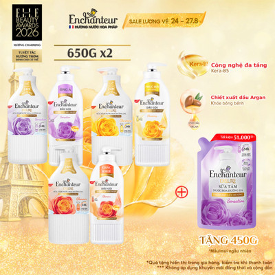 Combo Dầu gội dưỡng tóc mượt ENCHANTEUR Keratin và Sữa tắm nước hoa dưỡng da ENCHANTEUR thơm lâu đến 24 giờ 650g/chai