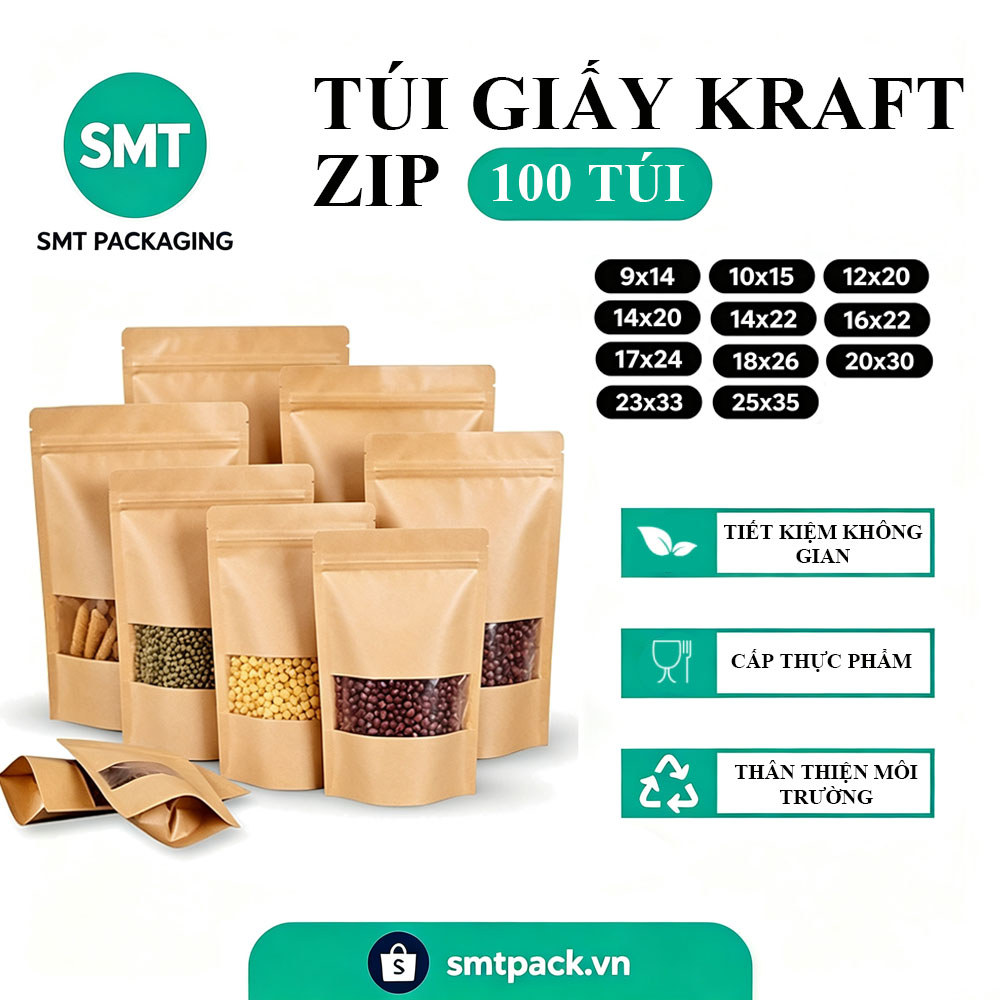 SMT Packaging100 Túi zip giấy kraft đựng thực phẩm 1kg Túi zip giấy kraft có cửa sổ đáy đứng