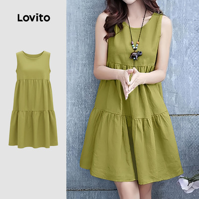 (New Arrival) Lovito Đầm xanh lá mùa xuân hè dáng suông thoải mái cho nữ LK4ED1676
