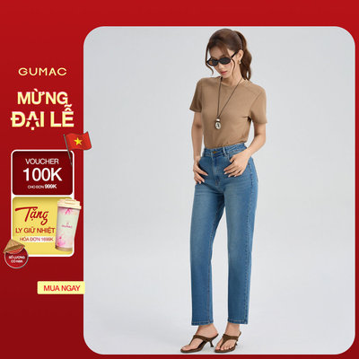Quần Jeans Nữ GUMAC Form Ống Ôm Co Giãn Bảng Lưng Con Đỉa Nút Logo Sang Trọng QJG07090