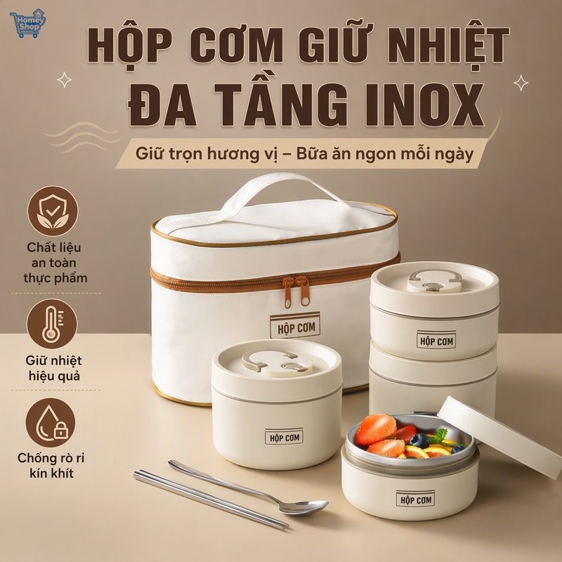 Hộp cơm giữ nhiệt inox 316 kèm túi, chống rò rỉ, cách nhiệt tốt, có thể hâm lò vi sóng, dùng cho văn