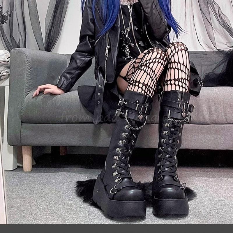 SIZE35-43, Dây đeo khóa da thời trang đế dày Wedge Mid-Tube Boots nữ, Giày bốt Punk Hot Girl, Giày b