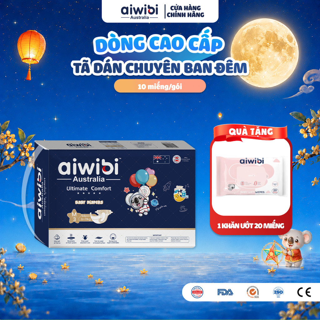 Tã/Bỉm Dán Cao Cấp Aiwibi Chuyên Ban Đêm Ultimate Comfort - Gói Lớn S/M/L