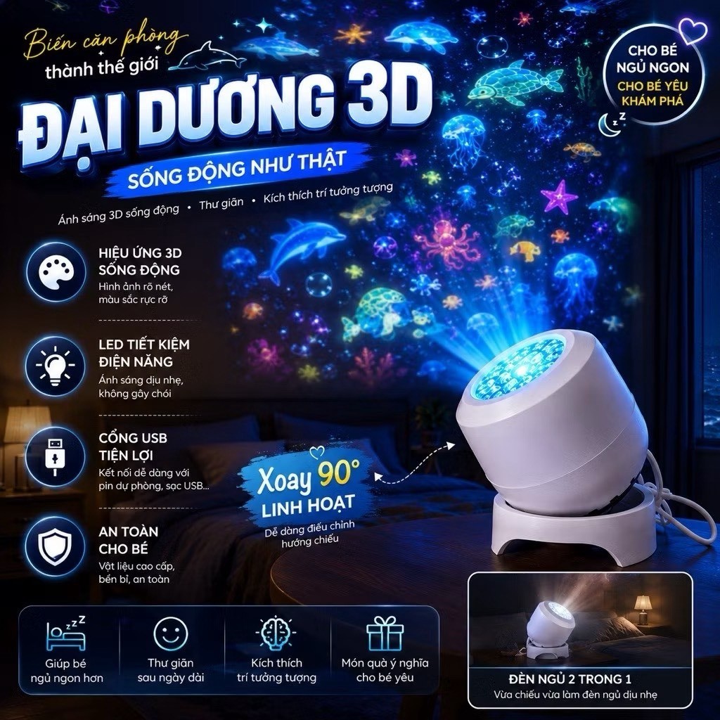 [BBkids] Đèn ngủ chiếu 3D xoay 360 cho bé khám phá