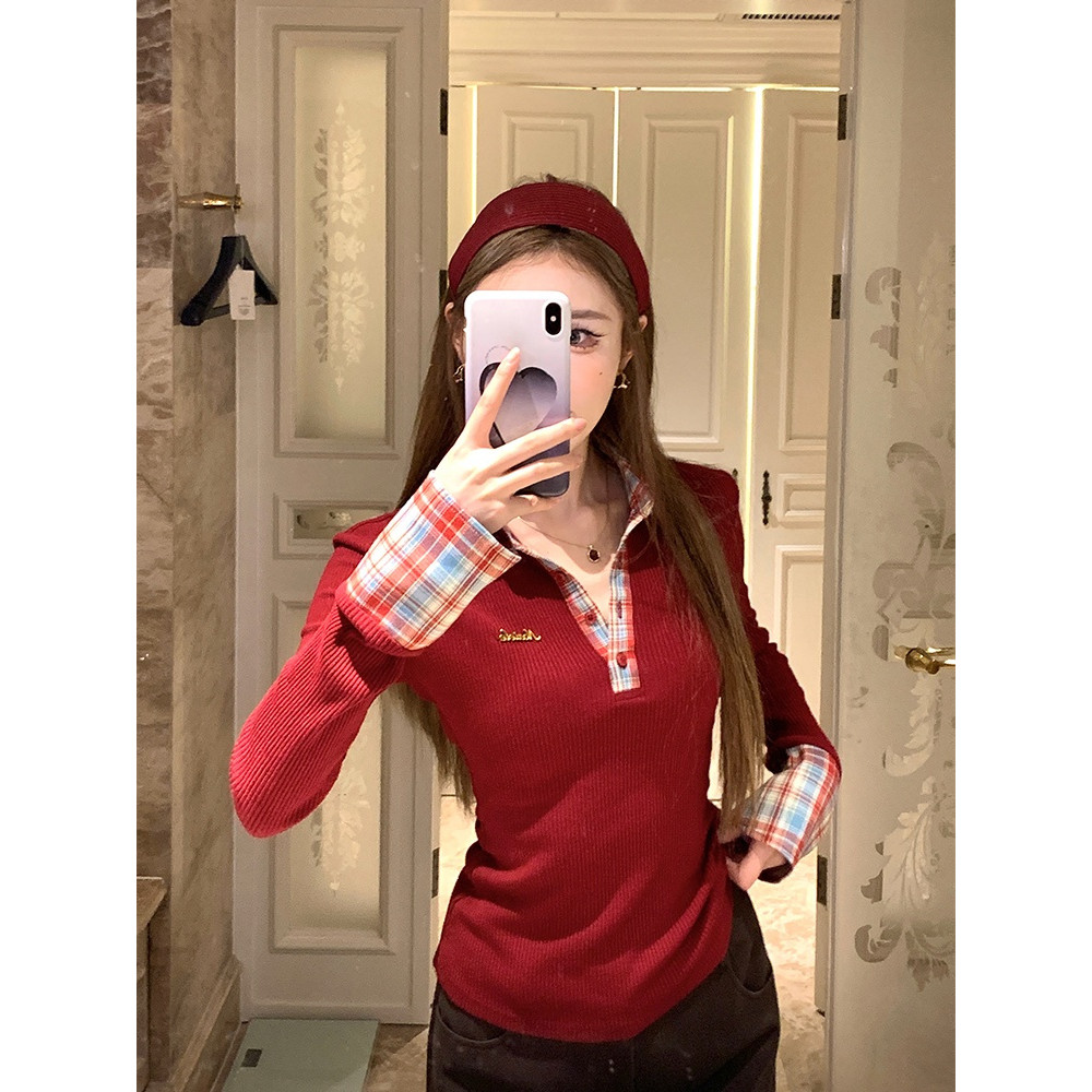 Áo Polo tết giáng sinh thun dài tay nữ giữ ôm body baby tee Thời Trang Kiểm Tra Top Nữ Thu Đông Phong Cách Mới Khâu | BigBuy360 - bigbuy360.vn