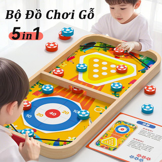 Bộ Đồ Chơi Gỗ 5 Trong 1, Cờ Giao Thông, Cờ Rắn, Bowling, Tương tác gia đình, rèn tư duy, làm quà cho bé