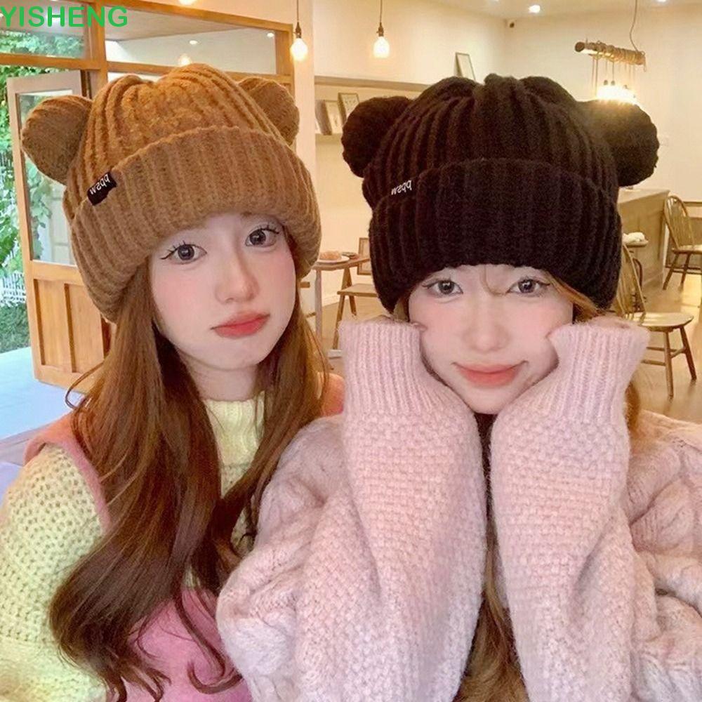 Mũ dệt kim tai gấu YISHENG, Mũ đầu lâu Chữ tai mèo Beanie, Mũ len cá tính Mũ len Mũ len phù hợp cho 