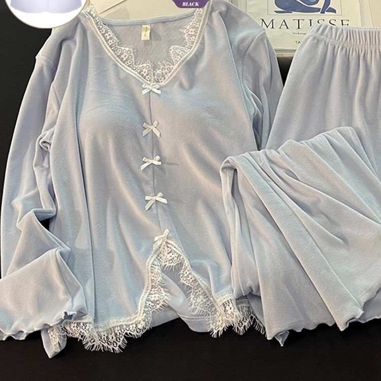 Bộ Đồ Ngủ Thu Đông Với Nơ Ren, Phù Hợp Mặc Ở Nhà