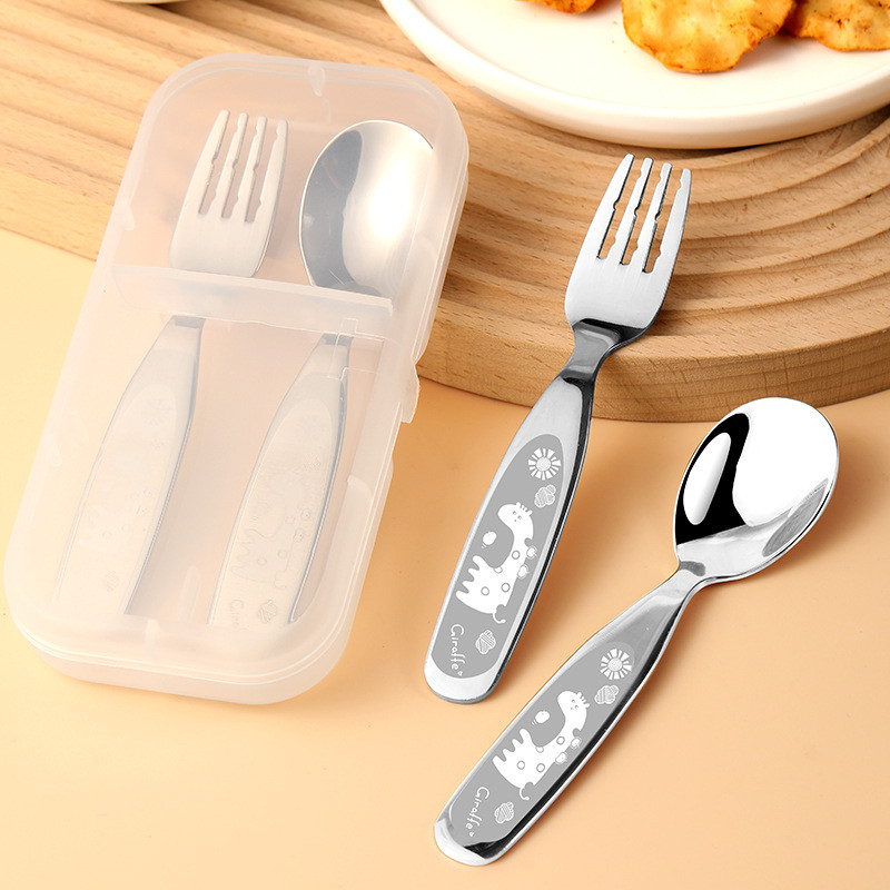 Thép không gỉ 304 Sáng Tạo Dễ Thương Trẻ Em Thìa Nĩa Hộp Bảo Quản Bộ Gương Bề Mặt Sáng Trẻ Em Di Độn