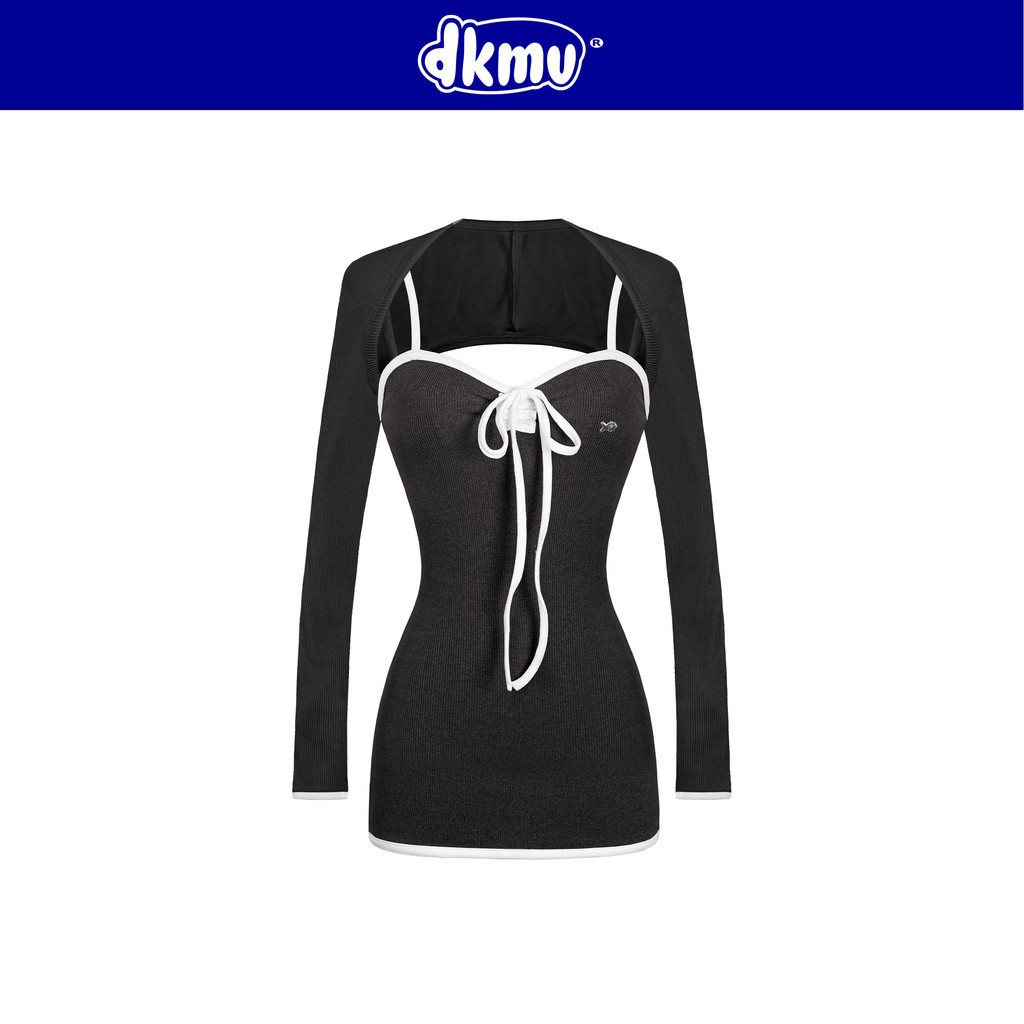 Váy 2 dây kèm áo khoác ngoài DKMV màu đen phối viền trắng dáng ngắn ôm thắt nơ đáng yêu Eunji Dress 