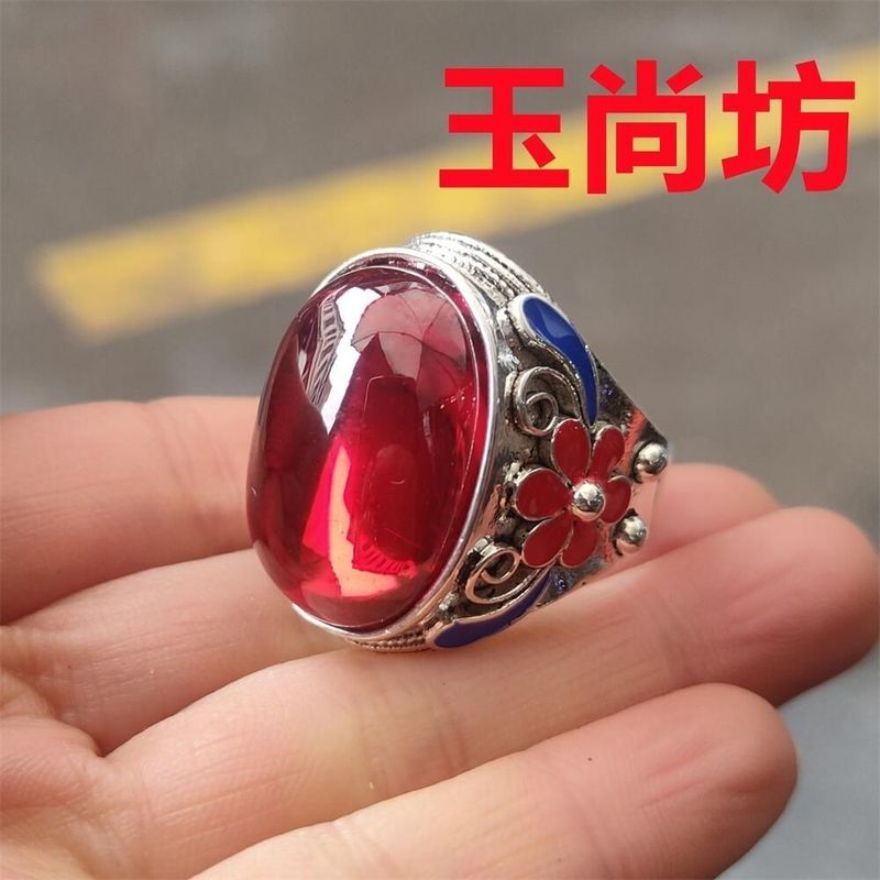Quốc Gia Cũ Đồ Dùng Qingqianlong Năm Ruby Bạc Nguyên Chất Nhẫn Cờ Lê Ngón Tay Cổ Vật Cũ Nhẫn Bạc 7.2