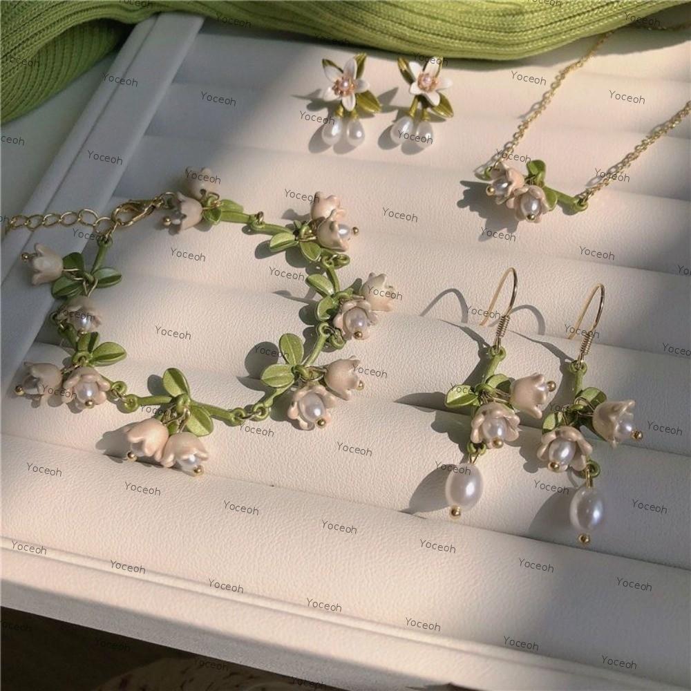 Bộ trang sức YOCEOH Lily of The Valley, Vòng tay hoa lan trắng xanh, Bông tai ngọc trai tua rua Lily