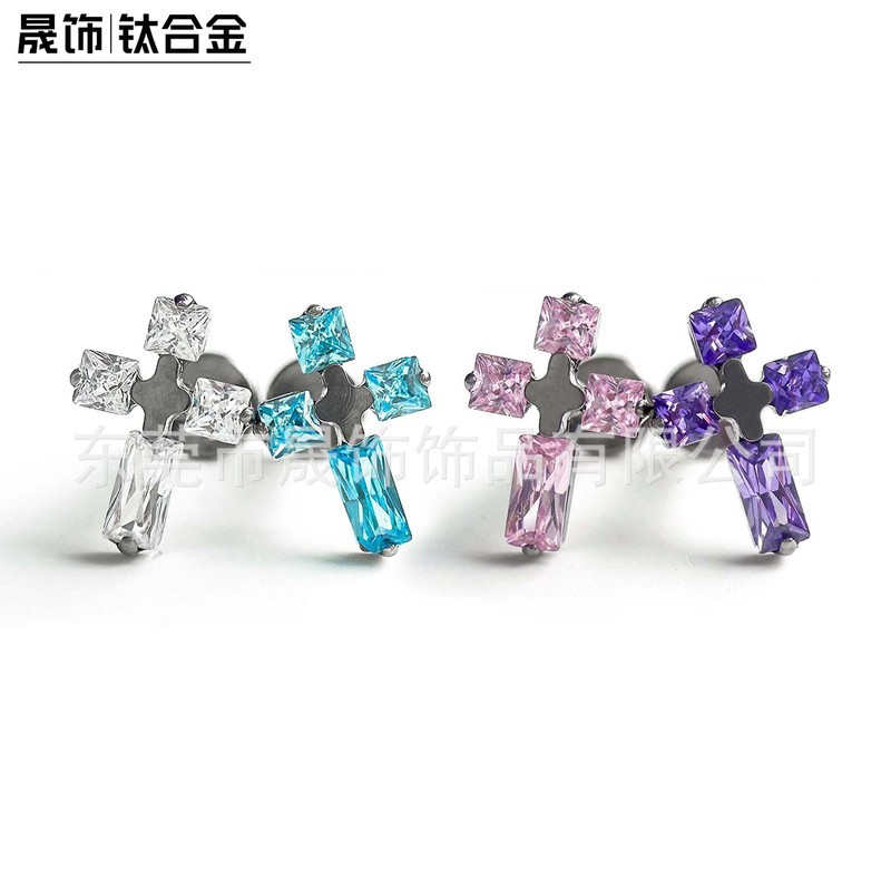 F136 Titan Cube Đường Cross Super Flash 5A Zircon G23 Hợp Kim Titan Bông Tai Môi Đinh Cấy Cấp Xuyên 