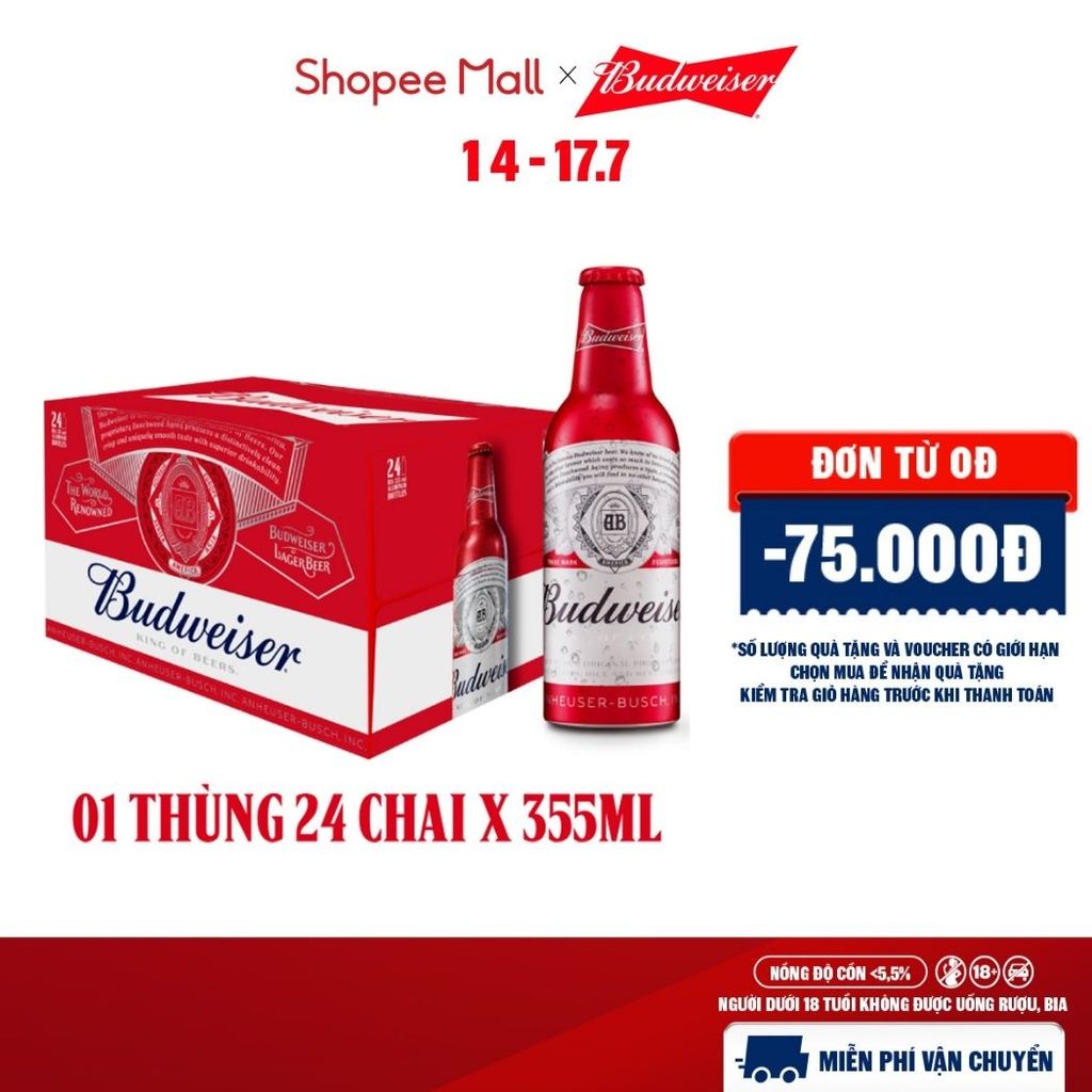 [MỚI] Thùng 24 Chai Aluminum Bia Budweiser Chính Hãng (355ml/ chai)