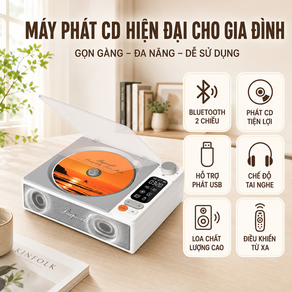 Loa CD Bluetooth, máy phát đĩa CD, đầu nghe nhạc CD, máy CD đa năng có USB điều khiển từ xa cho phòn