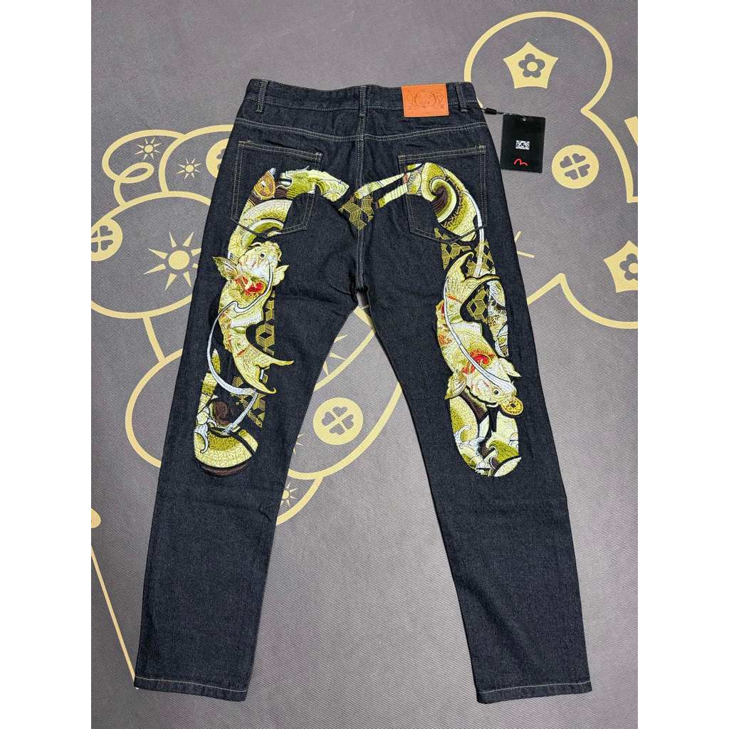 #F02 P519 
 EVISU God of Fortune Big M Quần jean Koi thêu phong cách Mỹ Quần ống thẳng VISU Quần jea