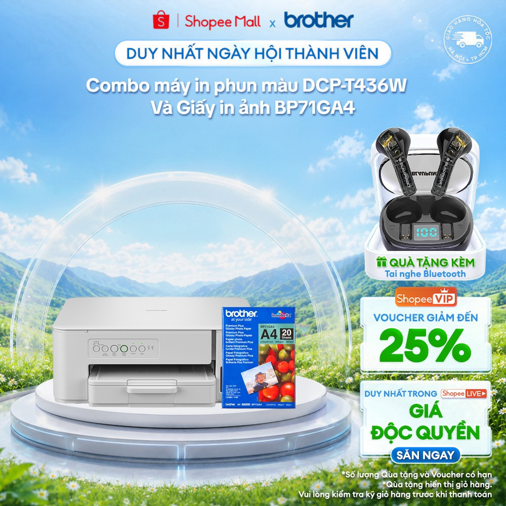 Combo máy in phun màu đa năng Brother DCP-T436W + Giấy in ảnh  BP71GA4