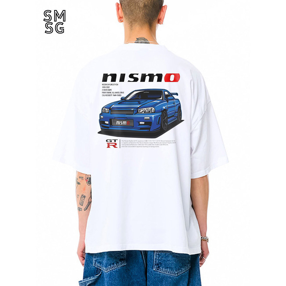 Nissan SKYLINE Baggy Tay Ngắn Thoáng Khí Nissan Skyline GTR34 Đua Xe Văn Hóa Nam 200GSM 100% Cotton 