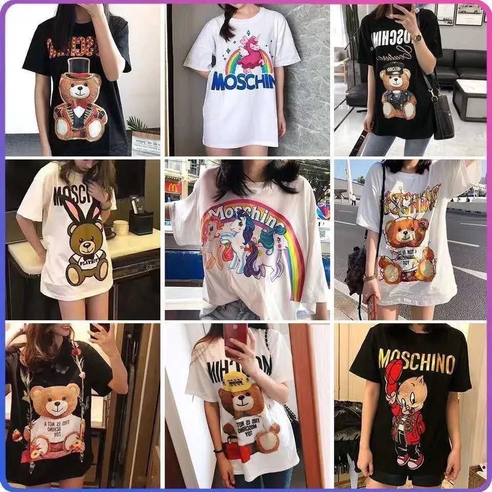 Nhãn Chính Hãng Đa Dạng Moschino Pin Gấu In Tay Ngắn Mùa Hè Mới Hoạt Hình Áo Thun Nam Nữ Cotton Nguy