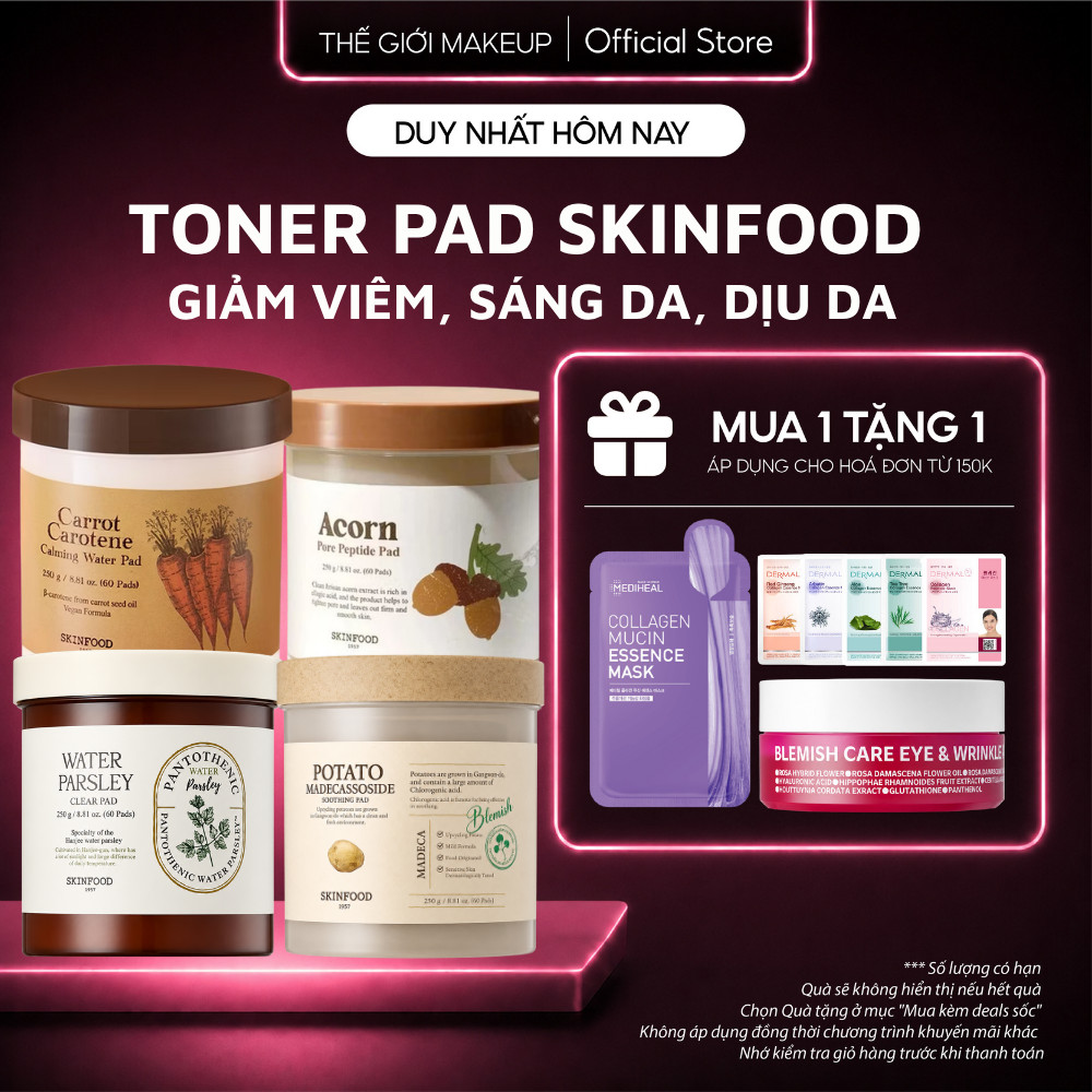Toner Pad SKINFOOD 60 Miếng Carrot, Potato, Acorn Pore Làm Dịu, Cấp Ẩm Da - Thế Giới Makeup