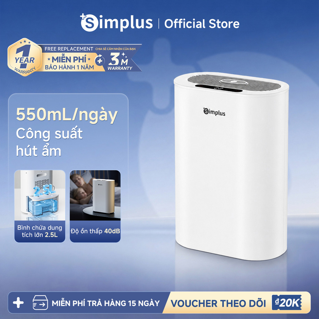 Simplus Máy hút ẩm, Bình chứa lớn 2.5L, Độ ồn thấp 40dB, Hiệu suất năng lượng cực cao CUSH007