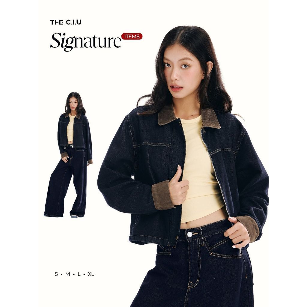 [SIGNATURE] Áo khoác denim nữ phối cổ nhung THE C.I.U, áo jacket jeans dáng rộng basic tay dài – Fra