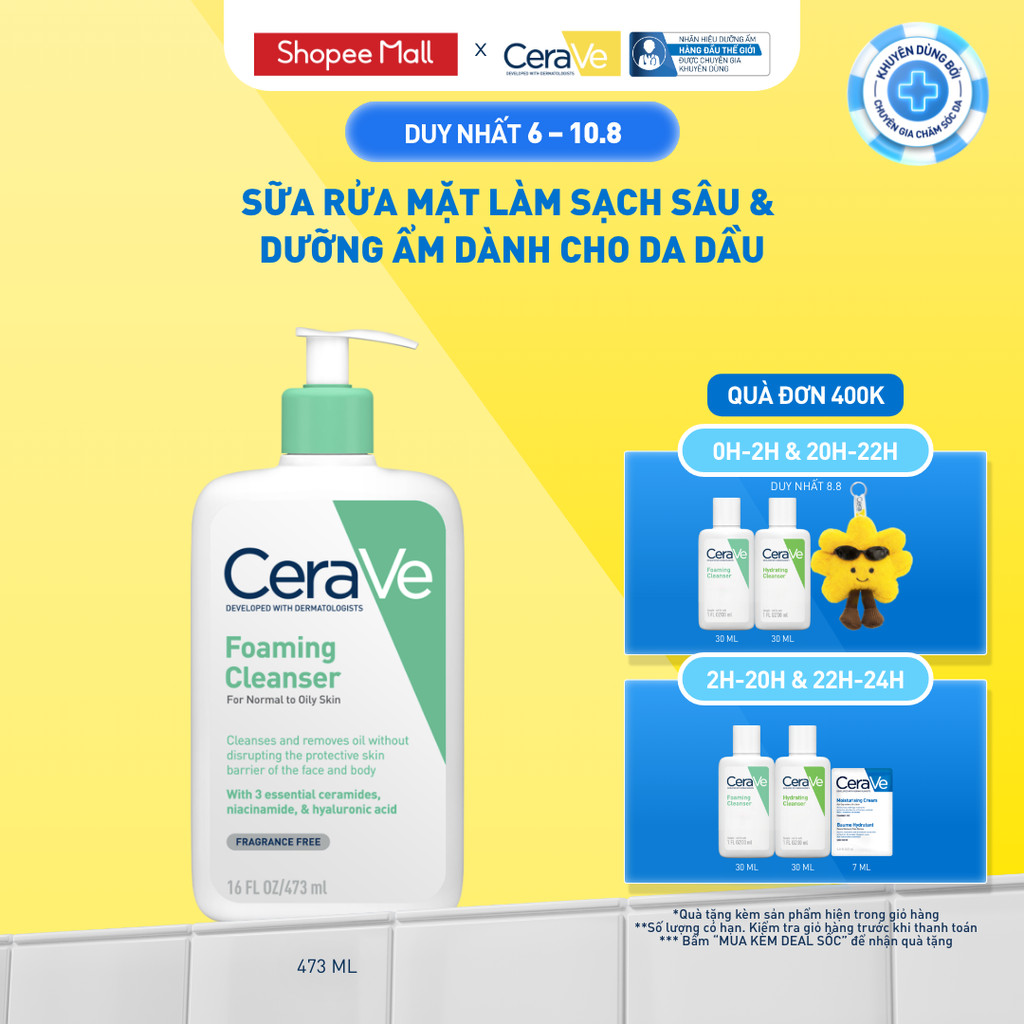 Sữa rửa mặt foaming giúp làm sạch sâu và dưỡng ẩm dịu nhẹ dành cho da dầu - CeraVe Foaming Facial Cleanser 473ML