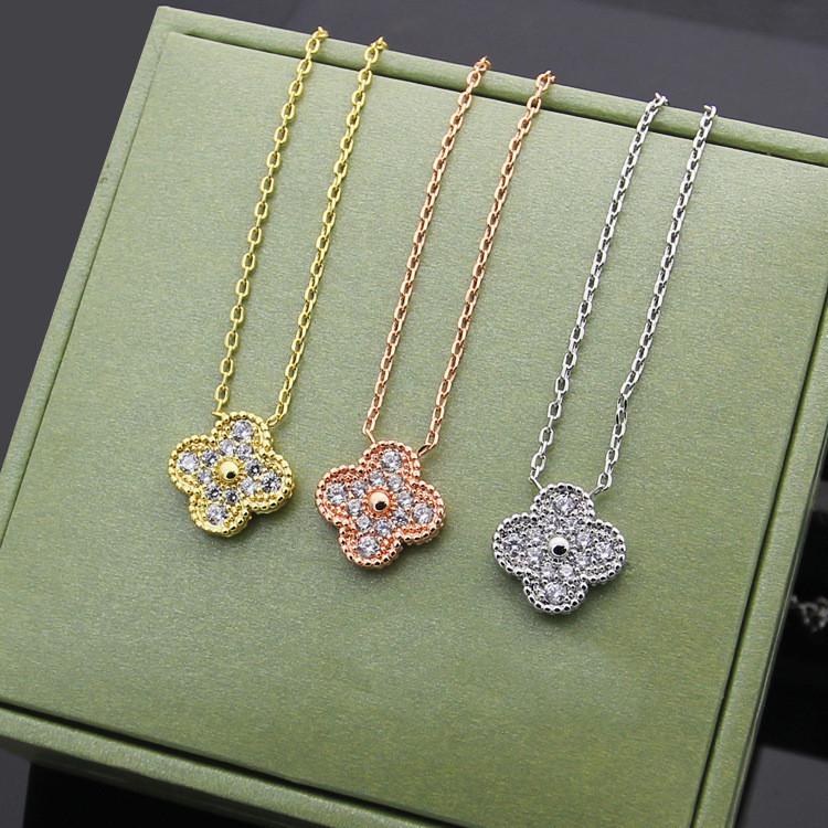 AH3Y Floral Chain Double Clasp Four-Leaf Clover Necklace for Women with Diamond Accents