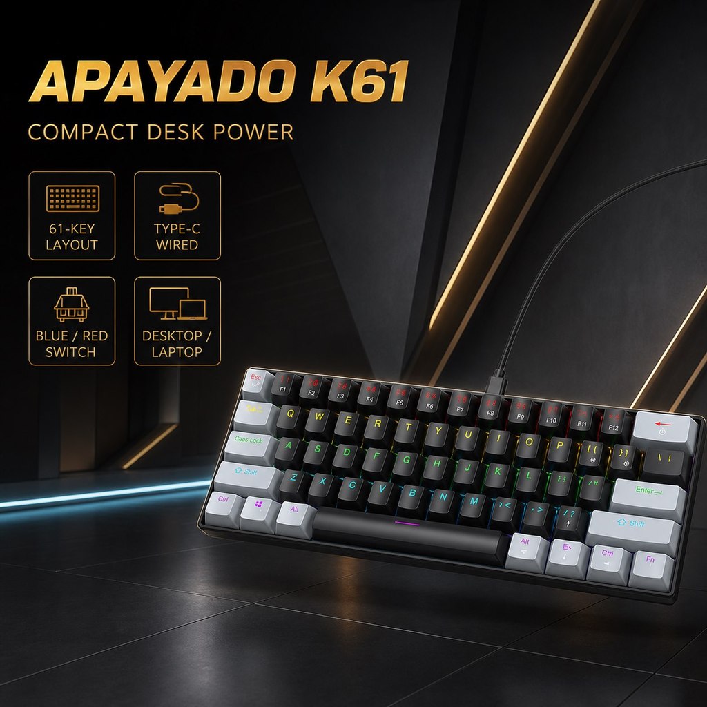 Bàn phím APAYADO K61 có kết nối có dây USB và công tắc xanh / công tắc đỏ, cung cấp 61 phím Bàn phím